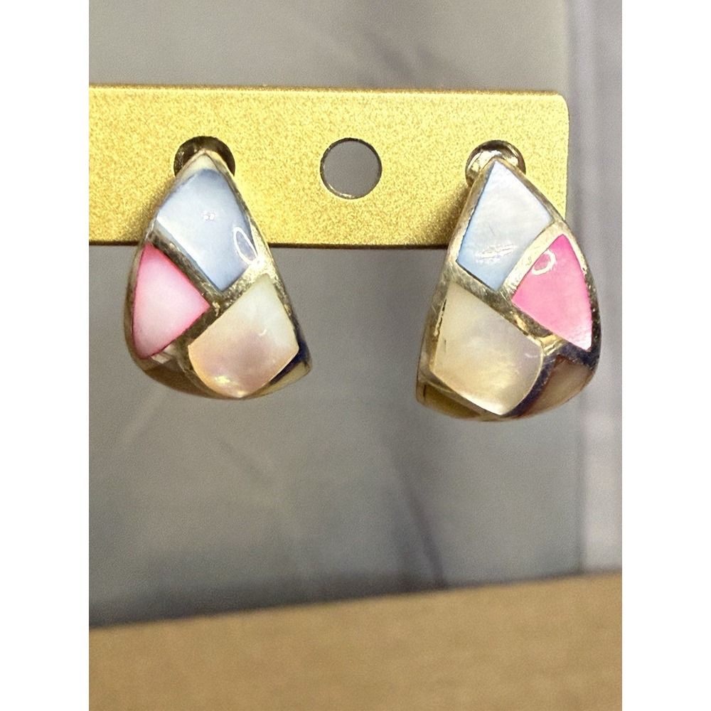 Vintage Sterling Silver Mother Of Pearl Inlay Pierced Earrings Ken Craft 925